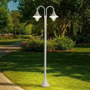 Lindby Außenleuchte Madea, weiß, 2-flg., 213 cm, E27, IP44 Madea Lindby, dimmbar, weiß / opal, Aluminium, Modern