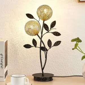 Lucande Tischleuchte Evory, 48 cm, 2-flg., schwarz/gold, G9 Evory, schwarz, für Wohn- / Esszimmer, Metall, Florentiner, Tischlampe