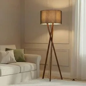 Stehlampe Auriane Lucande, Holz dunkel, für Wohn- / Esszimmer, Textil / Stoff / Seide, Skandinavisch, Stehlampe