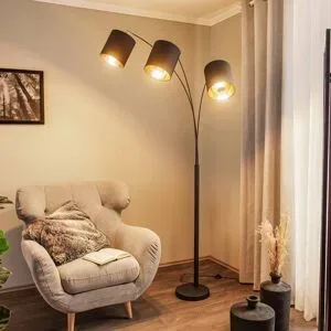Lindby Stehleuchte Nanika, schwarz/gold, 202 cm, E27, 3-flg. Nanika, schwarz, für Wohn- / Esszimmer, Metall, Modern, Stehlampe