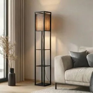 Stehlampe Birta Lindby, schwarz, für Wohn- / Esszimmer, Holz, Modern, Stehlampe