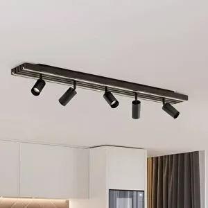 Lucande LED-Deckenstrahler Tiron, 5-flg., 100 cm, Eiche Tiron Lucande, dimmbar, Holz dunkel, für Wohn- / Esszimmer, Holz, Modern, LED Deckenlampe