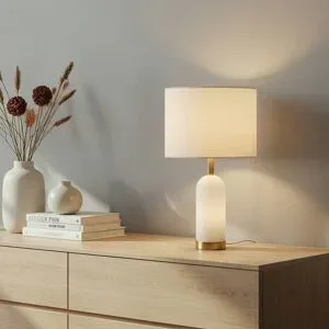 Tischlampe Alabaster Lindby, weiß / opal, für Wohn- / Esszimmer, Textil / Stoff / Seide, Skandinavisch, Tischlampe