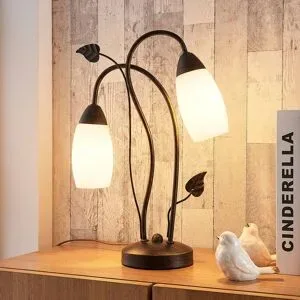 Tischlampe Stefania Lindby, braun / rost, für Wohn- / Esszimmer, Glas, Antik, Tischlampe