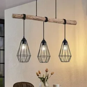 Hängelampe Eldarion Lindby, dimmbar, Holz hell, für Wohn- / Esszimmer, Metall, Landhaus / Rustikal, Pendelleuchte