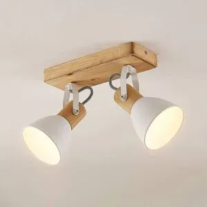 Lindby Deckenspot Merela, weiß, 28 cm, 2-flammig, Holz, E14 Merela Lindby, dimmbar, Holz hell, für Wohn- / Esszimmer, Holz, Skandinavisch, Strahler