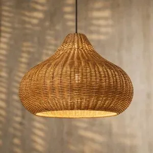 Lucande Außenhängelampe Taniola, 1-flg., beige, Rattan, IP44 Taniola Lucande, dimmbar, Holz hell, Holz, Landhaus / Rustikal