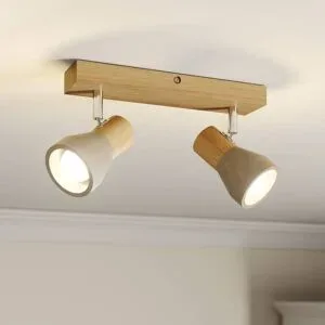 Lindby Strahler Filiz, 2-flammig, 27 cm, Holz, Beton, E14 Filiz Lindby, dimmbar, Holz hell, für Schlafzimmer, Holz, Skandinavisch, Strahler