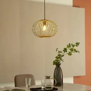 Hängelampe Solvira Lindby, dimmbar, Holz hell, für Wohn- / Esszimmer, Bambus, Skandinavisch, Pendelleuchte