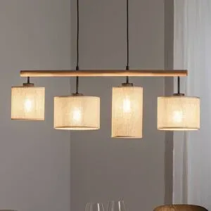Hängeleuchte Deva Nature, vierflammig, Textil Nature TK Lighting, dimmbar, Holz hell, für Wohn- / Esszimmer, Holz, Skandinavisch