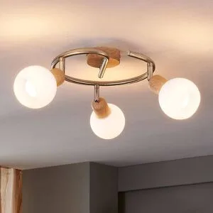 Deckenleuchte Svenka, 3-flg., Rondell Svenka Lindby, dimmbar, Holz hell, für Wohn- / Esszimmer, Glas, Modern, Strahler