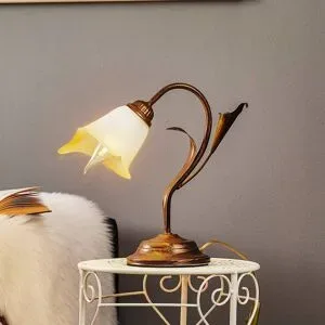 Tischleuchte Lucrezia in Bronze mit Blütenschirm ONLI, bronze / altmessing, für Wohn- / Esszimmer, Glas, Landhaus / Rustikal, Tischlampe
