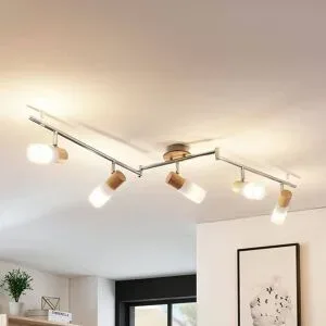 Lindby Deckenstrahler Christoph, 130 cm, 5-flg., Holz, Glas Christoph Lindby, dimmbar, chrom / silber, für Schlafzimmer, Holz, Landhaus / Rustikal, Strahler