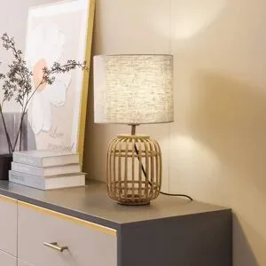 Nachttischlampe Marzanna Lindby, Holz hell, für Wohn- / Esszimmer, Textil / Stoff / Seide, Landhaus / Rustikal, Tischlampe