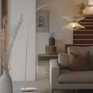 Bogenlampe Valdorin Lindby, creme / amber, für Wohn- / Esszimmer, Papier / Lunolit / Lunopal, Landhaus / Rustikal, Stehlampe