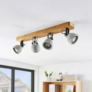 Lindby Spot Mitis, 70 cm, 4-flg., grau, Holz, Beton, GU10 Mitis Lindby, dimmbar, Holz dunkel, für Wohn- / Esszimmer, Holz, Industrielles Design, Strahler
