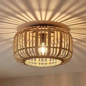 Deckenlampe Canyana Lindby, dimmbar, Holz hell, für Wohn- / Esszimmer, Holz, Landhaus / Rustikal, Deckenlampe