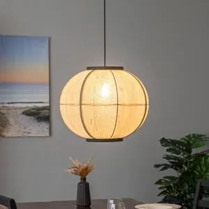 Hängelampe Aurinil Lindby, dimmbar, Holz hell, für Wohn- / Esszimmer, Textil / Stoff / Seide, Landhaus / Rustikal, Pendelleuchte
