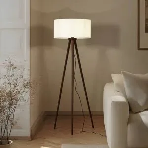 Stehlampe Charlia Lindby, Holz dunkel, für Wohn- / Esszimmer, Textil / Stoff / Seide, Skandinavisch, Stehlampe