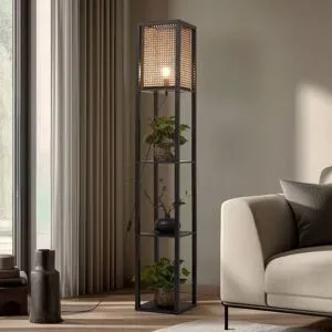 Stehlampe Birta Lindby, schwarz, für Wohn- / Esszimmer, Holz, Modern, Stehlampe