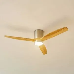 Lucande LED-Deckenventilator Faipari, nickel, DC,leise,132cm Faipari, Holz hell, für Wohn- / Esszimmer, Holz, Modern