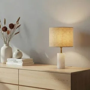 Tischlampe Alabaster Lindby, creme / amber, für Wohn- / Esszimmer, Textil / Stoff / Seide, Skandinavisch, Tischlampe