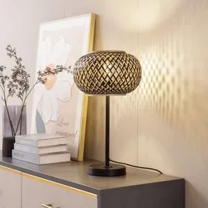 Tischlampe Nerys Lindby, Holz dunkel, für Wohn- / Esszimmer, Holz, Landhaus / Rustikal, Tischlampe