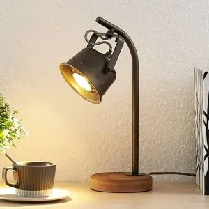 Tischlampe Rubinjo Lindby, Holz dunkel, für Wohn- / Esszimmer, Metall, Vintage, Tischlampe