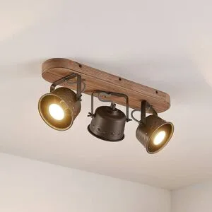 Lindby Deckenstrahler Rubinjo, 45 cm, 3-flg., Holz, GU10 Rubinjo Lindby, dimmbar, schwarz, für Wohn- / Esszimmer, Metall, Vintage, Strahler