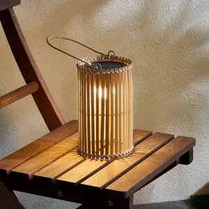 Lindby LED-Solar-Tischleuchte Amaria, Bambus, Ø 12 cm Amaria Lindby, dimmbar, Holz hell, Bambus, Landhaus / Rustikal