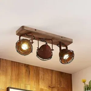 Lindby Deckenspot Farovi, rost, 45 cm, 3-flammig, Holz, GU10 Farovi Lindby, dimmbar, braun / rost, für Wohn- / Esszimmer, Holz, Industrielles Design, Strahler