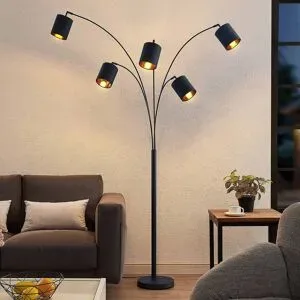 Lindby Stehleuchte Abiram, schwarz/gold, Textil, 70cm Abiram, schwarz, für Wohn- / Esszimmer, Metall, Modern, Stehlampe