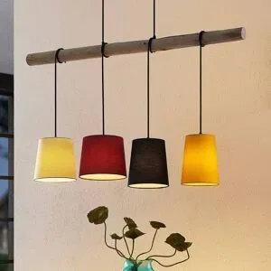 Hängelampe Hinai Lindby, dimmbar, Holz hell, für Wohn- / Esszimmer, Textil / Stoff / Seide, Skandinavisch, Pendelleuchte