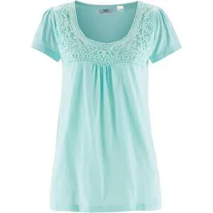 bonprix Baumwoll Shirt mit Spitze, Kurzarmblau 36Damen