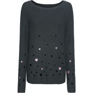 bonprix Strickpullover aus Baumwoll-Rippstrick, weiter Rundhalsausschnitt, Herzen-Stickereien