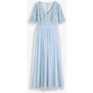bonprix Abendkleid aus zartem Tüll mit Paillettenstickereiblau 34Damen