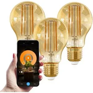 HOFTRONIC Set mit 3 Smart E27 LED-Glühlampen - 7 Watt, 806 Lumen - A60 bernsteinfarbenes Glas - 1800-3000 K dimmbar