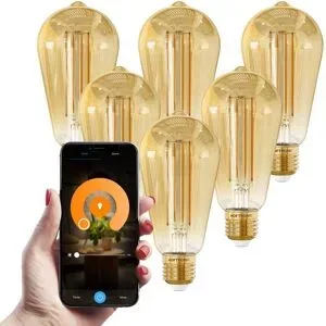 HOFTRONIC Set mit 6 Smart E27 LED-Glühlampen - 7 Watt 806 Lumen - ST64 Bernsteinfarbenes Glas - 1800-3000 K dimmbar - Edison-Lampe