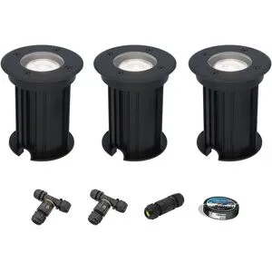 HOFTRONIC 3er Set Maisy LED Bodeneinbaustrahler außen - Ø12cm - Dimmbar - GU10 Fassung - 6500K tageslichtweiß - 4W 345lm - Rund - Bodenstrahler - Auffahrt - Schwarz - IP67 - Inklusive Installationsmaterial (Kabel & Verbinder)