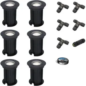 HOFTRONIC 6er Set Maisy LED Bodeneinbaustrahler außen - Ø12cm - Dimmbar - GU10 Fassung - 6500K tageslichtweiß - 4W 345lm - Rund - Bodenstrahler - Auffahrt - Schwarz - IP67 - Inklusive Installationsmaterial (Kabel & Verbinder)