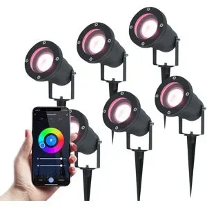 V-TAC 6er Set Smart LED Gartenstrahler mit Erdspieß - Wifi + Bluetooth - 5,5W - IP44 Wasserdicht - App-Steuerung - Google Home, Amazon Alexa und Siri - Schwarz - Gartenstrahler
