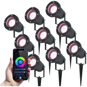 HOFTRONIC Set aus 9 Smart LED Gartenstrahler mit Erdspieß - RGBWW - schwenkbar - IP44 Feuchtigkeitsgeschützt - Aluminium - Gartenstrahler - Für den Garten geeignet - Schwarz - 3 Jahre Garantie