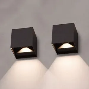 HOFTRONIC 2er-Set Kansas Solar LED-Wandleuchten XL - Cube Downlight - Inkl. Bewegungsmelder und Dämmerungsschalter - 3000K warmweiß - IP65 wasserdicht - Monokristall - Schwarz