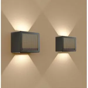 HOFTRONIC 2er Set Louis - Solar LED Wandleuchte - Würfel - Up & Downlight - CCT warmweiß-kaltweiß - Schwarz- IP65 wasserdicht - 4 LEDs - Gartenbeleuchtung - Außenbeleuchtung