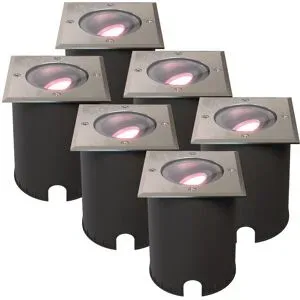HOFTRONIC SMART 6er Set Cody - Smart LED Bodeneinbaustrahler - IP67 wasserdicht - 5,5 Watt 345 Lumen - Schwenkbar - Befahrbar - Quadratisch - Wifi + Bluetooth - RGBWW - GU10 - Kompatibel mit Google Home, Amazon Alexa und Siri - Edelstahl