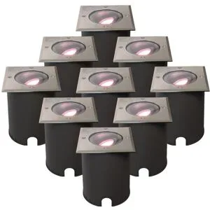 HOFTRONIC SMART 9er Set Cody - Smart LED Bodeneinbaustrahler - IP67 wasserdicht - 5,5 Watt 345 Lumen - Schwenkbar - Befahrbar - Quadratisch - Wifi + Bluetooth - RGBWW - GU10 - Kompatibel mit Google Home, Amazon Alexa und Siri - Edelstahl