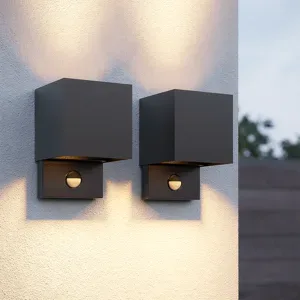 HOFTRONIC Set mit 2 Kansas LED-Wandleuchten mit PIR-Sensor - IP65 - 3000K warmweiß - 7 Watt - Up & Down-Licht - Würfel - Für außen und innen - Schwarz