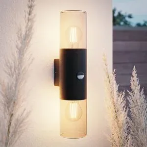 HOFTRONIC Blaze - LED-Wandleuchte - Inkl. Dämmerungsschalter & Bewegungsmelder - Up & Down Light - E27-Fassung - IP44 wasserdicht - Rauchglas