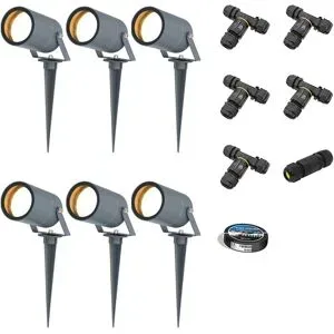 HOFTRONIC 6er Set Spikey LED Gartenstrahler mit Erdspieß - GU10 4 Watt 345 lumen - Dimmbar - Schwenkbar - 2700K warmweiß - IP65 Wasserdicht - Anthrazit - Erdspießstrahler - Pinstrahler - Inklusive Installationsmaterial (Kabel & Verbinder)