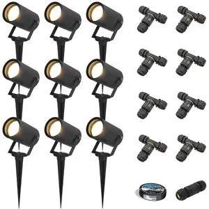 HOFTRONIC 9er Set Spikey LED Gartenstrahler mit Erdspieß - GU10 4 Watt 345 lumen - Dimmbar - Schwenkbar - 2700K warmweiß - IP65 Wasserdicht - Schwarz - Erdspießstrahler - Außenstrahler - Inklusive Installationsmaterial (Kabel & Verbinder)